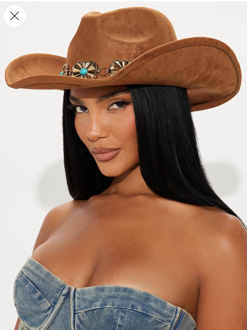 Fashion Nova Brown Suede Cowboy Hat with Turquoise Concho